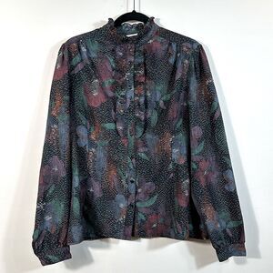 Pykettes Vintage Ruffle Button Front Longsleeve Art to Wear Dark Blouse Medium